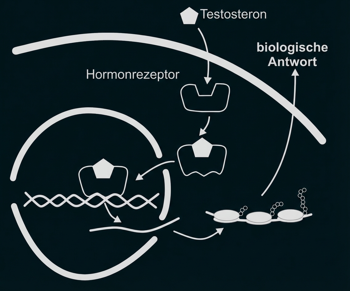 Schematische Darstellung: Testosteron bindet an Hormonrezeptor, aktiviert Genexpression und löst eine biologische Antwort aus.
